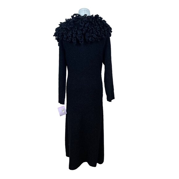 Halukoko Womens Black Ramie/Acrylic Long Coat With Textured Collar Size L - New - Picture 3 of 9